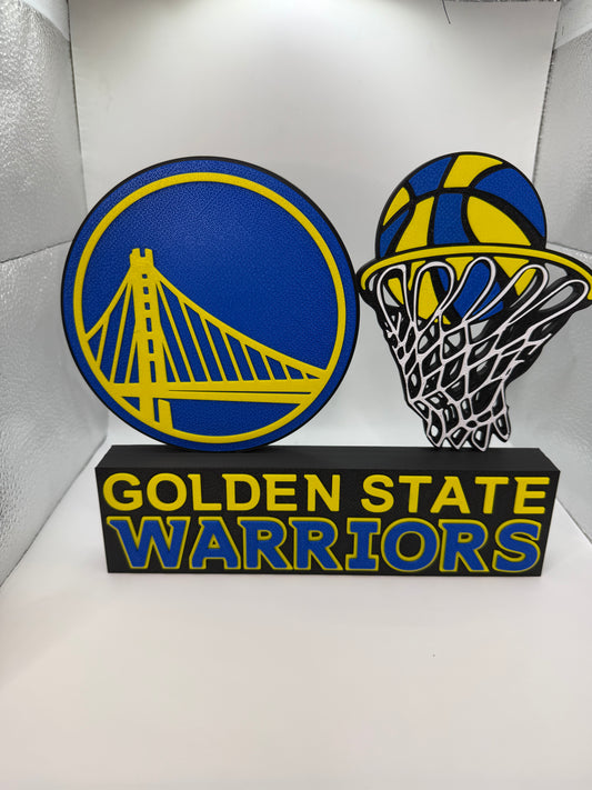 Golden State Warriors Inspired 3D Printed Basketball Logo & Hoop Display – Yellow & Blue NBA Fan Decor