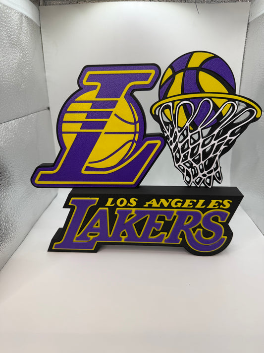 Los Angeles Lakers Inspired 3D Printed Logo & Basketball Hoop Display Stand - Purple & Gold NBA Fan Decor